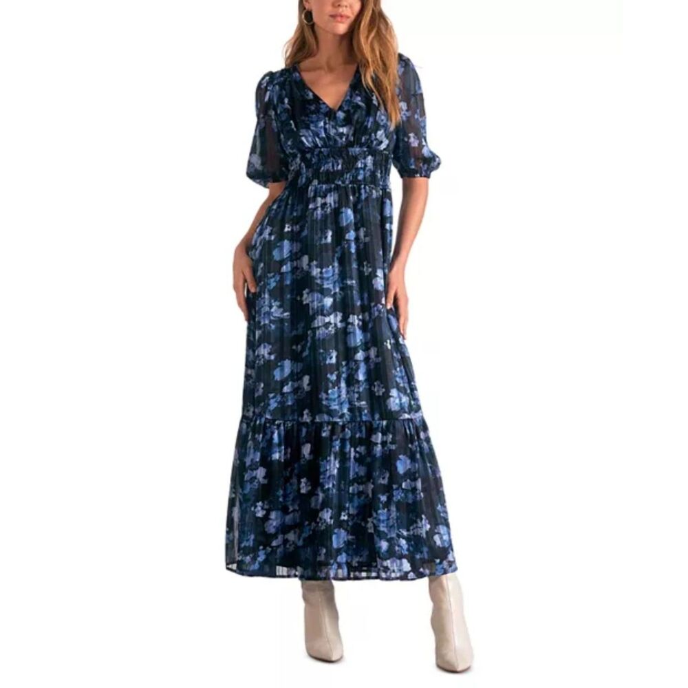 Elan Blue Floral V Neck Maxi Dress Size XS NWT